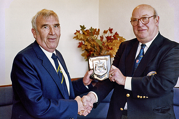 Ken being presented with a plaque<br>by the Leeds & District Football Association<br>in recognition of his 'Outstanding Service' in football (2001)