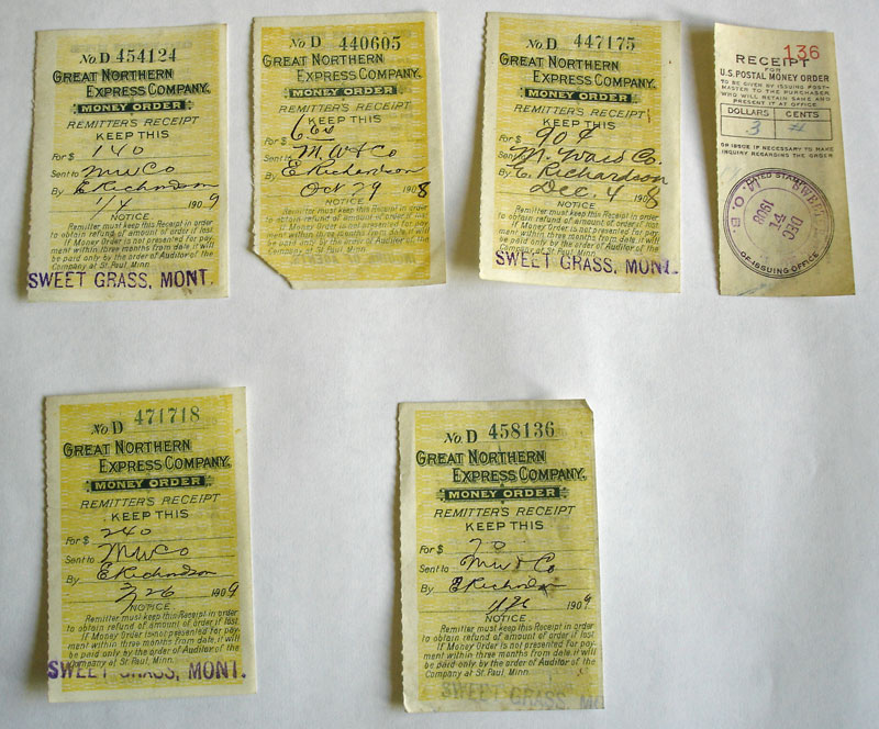 A collection of receipts from savings or purchases made by Ernest whilst in Montana