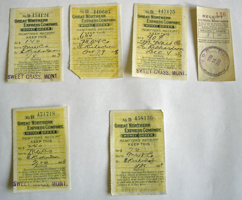 A collection of receipts from savings or purchases made by Ernest whilst in Montana